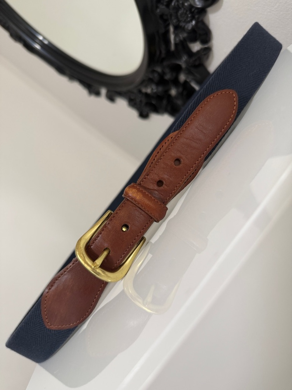 Coach Navy Canvas Belt with British Tan Leather and Gold Buckle